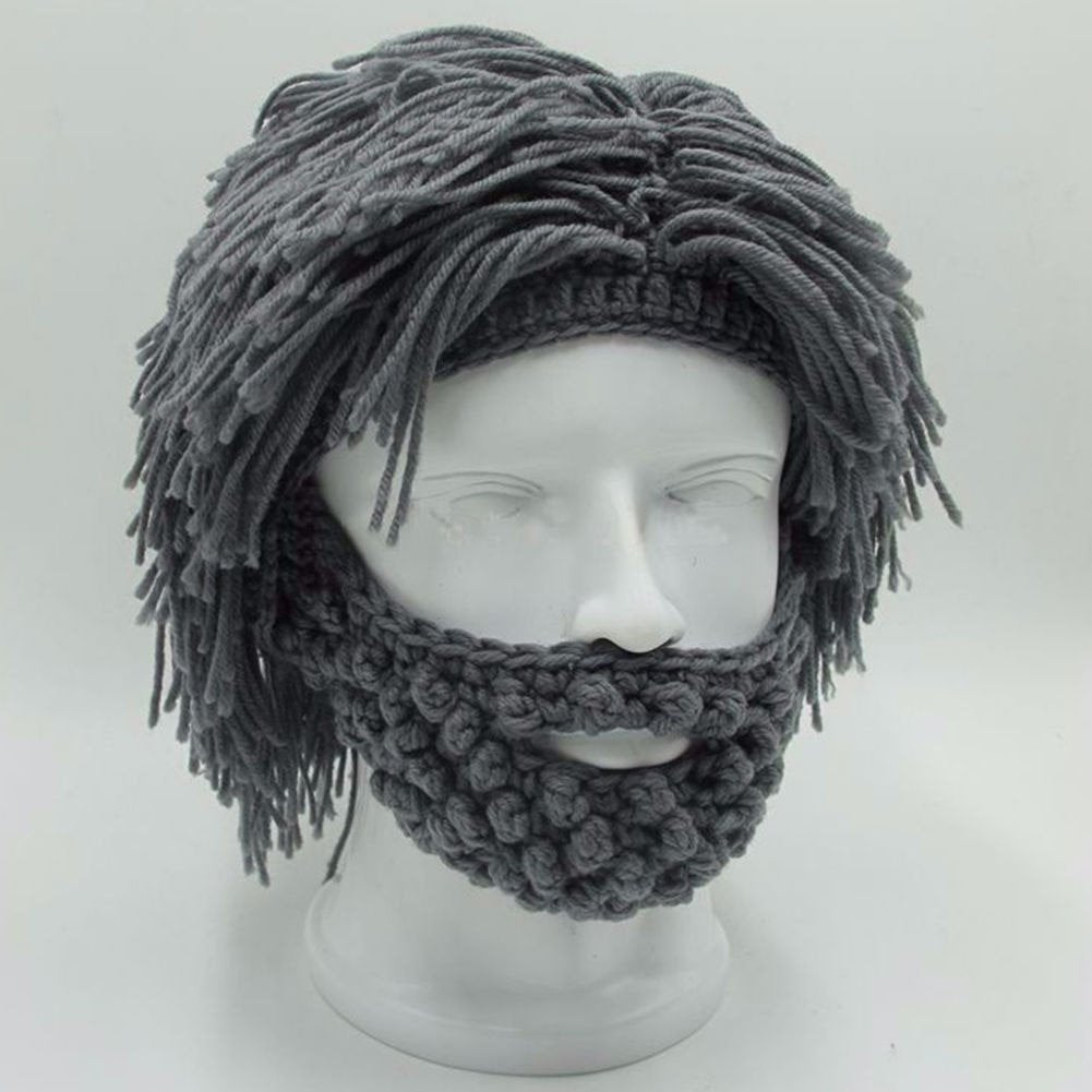 Punk Style Beanie with Attached Straight Hair Wig and Knitted Beard